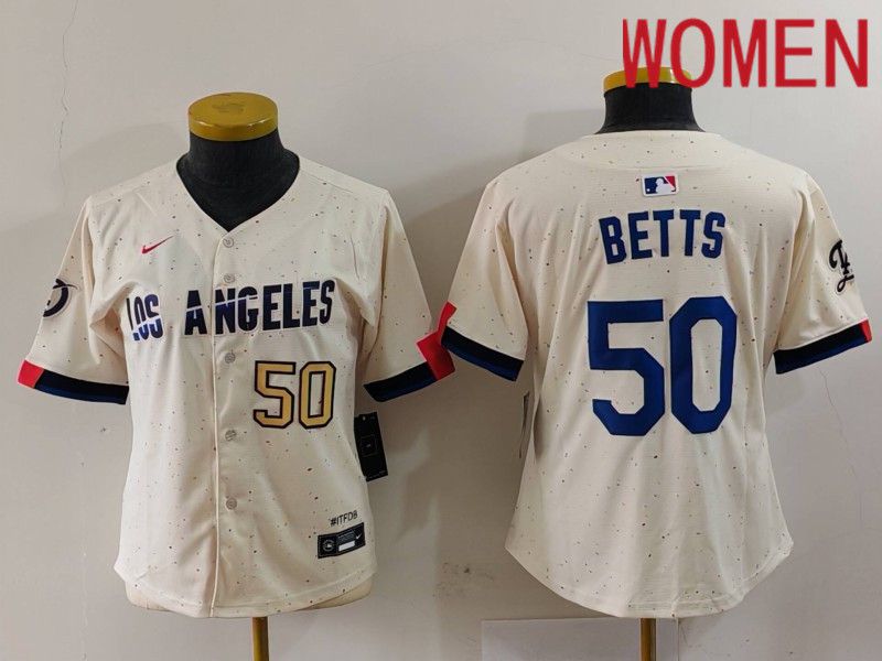 Women Los Angeles Dodgers 50 Betts Cream Fashion Nike Game MLB Jersey style 7032